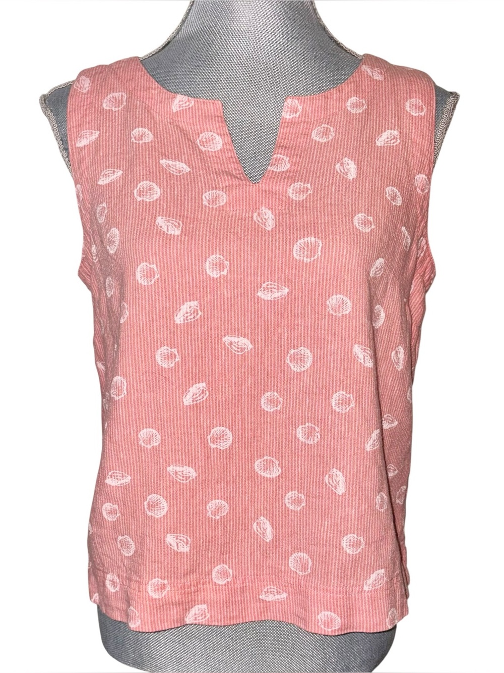 Liz Claiborne Red & White Striped Linen Blend Shell Print Sleeveless Tank Top